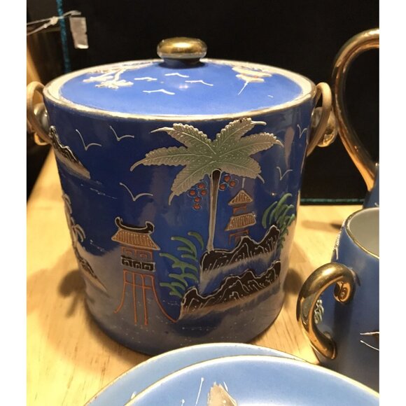 1920s Morimura Japan Moriage Tea Set Coffee Island Palm Trees Pagoda Gaudy Blue - Picture 7 of 16